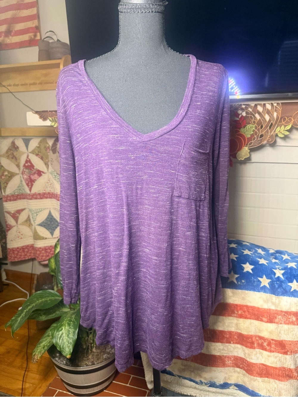 Merona Purple V-Neck Long Sleeve Pocket Tee